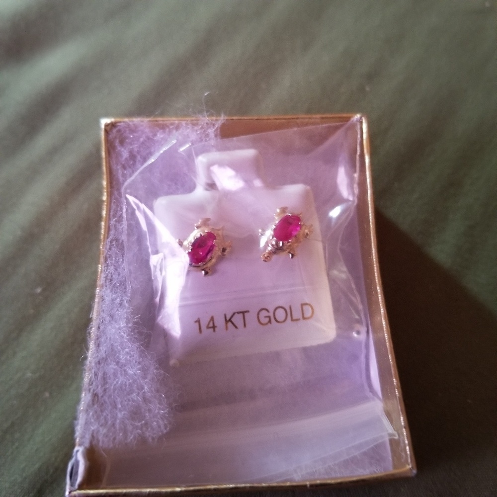 Adorable tiny turtle earrings- 14k w/ sim ruby